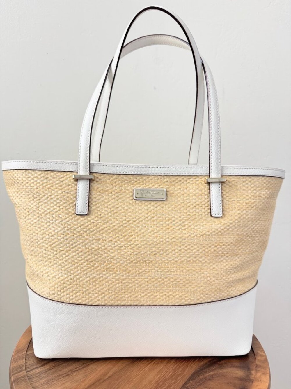 Kate Spade Woven Straw Tote White Leather Large Beach Resort Bag